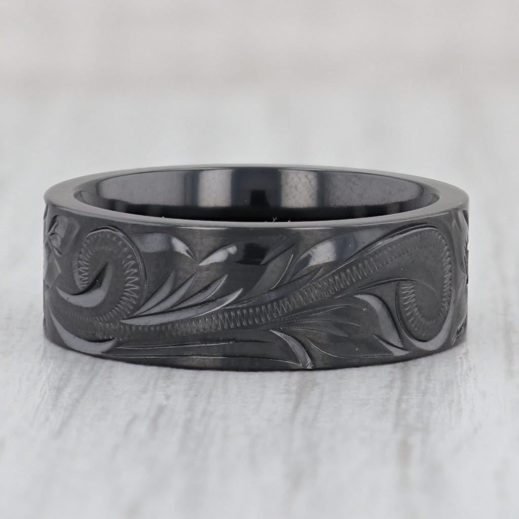 Light Gray New Black Titanium Floral Pattern Ring Size 10 Wedding Band