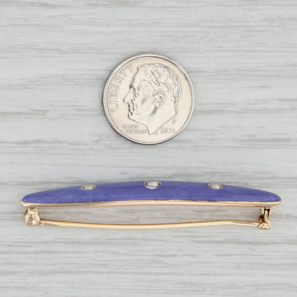Light Gray Vintage Pearl Purple Enamel Bar Brooch 14k Rose Yellow Gold Pin