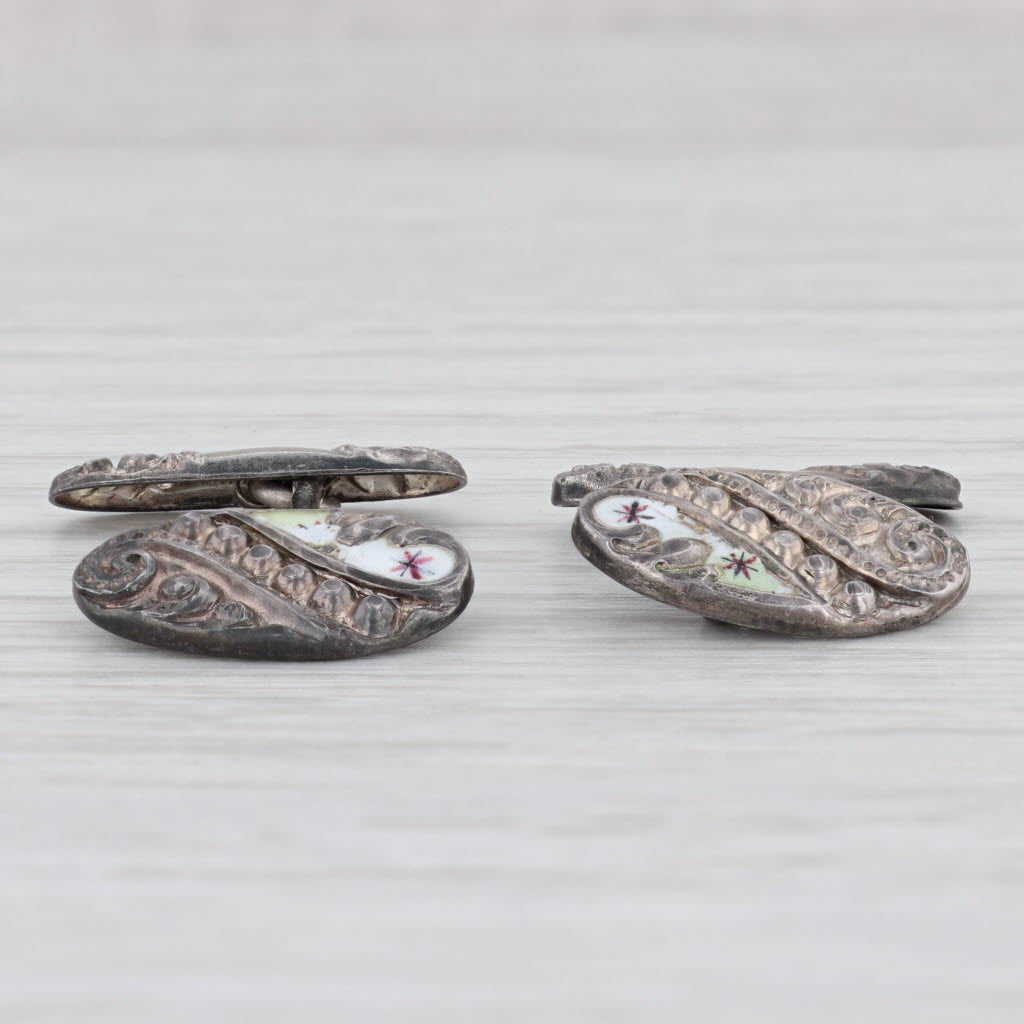 Light Gray Antique Ornate Cufflinks Sterling Silver Enamel AS IS