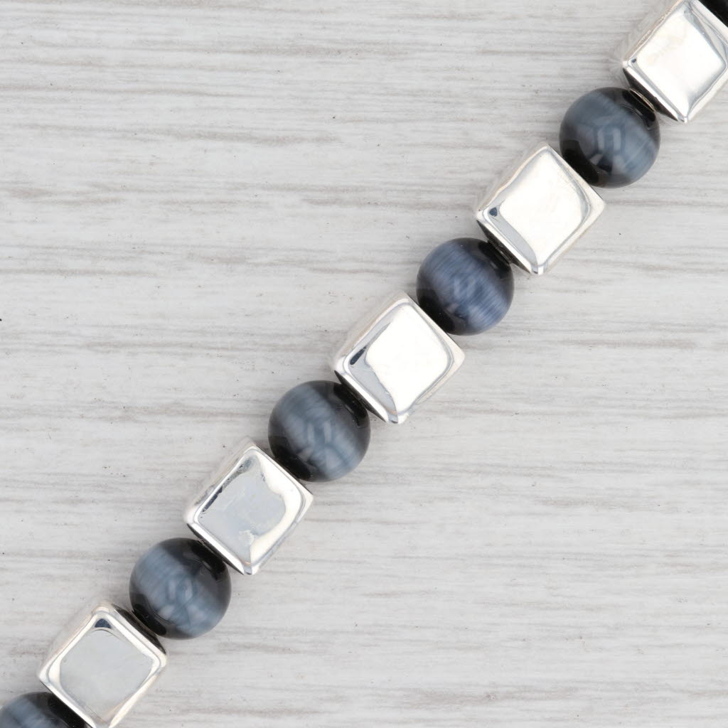 Light Gray New Cat's Eye Blue Glass Bead Statement Bracelet Sterling Silver 7” Toggle Clasp