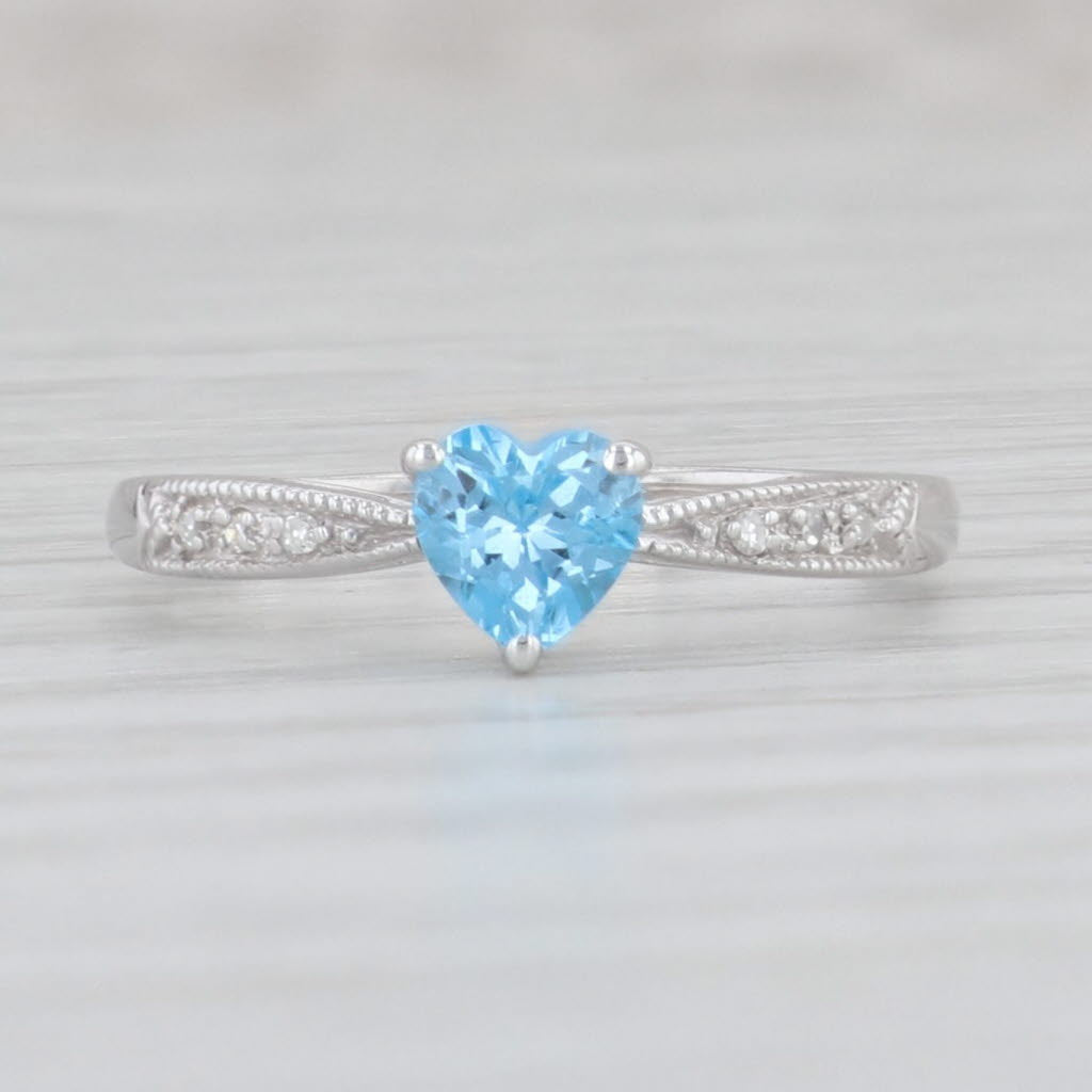 Light Gray 0.58ct Blue Topaz Heart Ring 10k White Gold Size 6.5 Diamond Accents