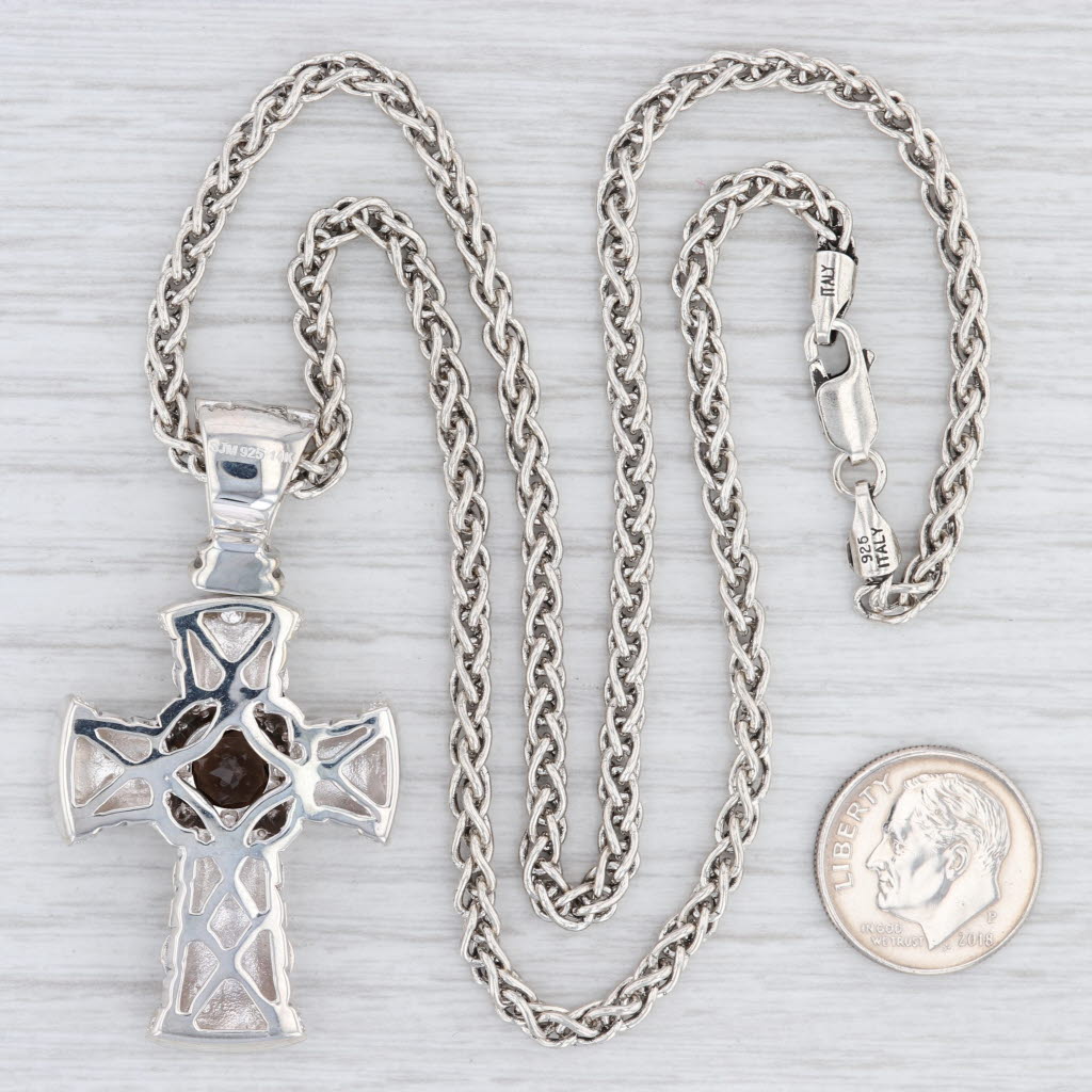 Light Gray New Ornate 1.81ctw Smoky Quartz & Diamond Cross Necklace 18" Sterling 14k Gold
