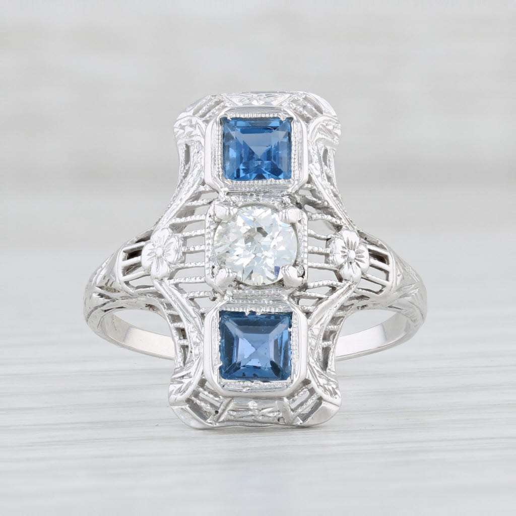 Light Gray Art Deco 1.07ctw Synthetic Blue Sapphire Diamond Ring 18k White Gold Size 8.5