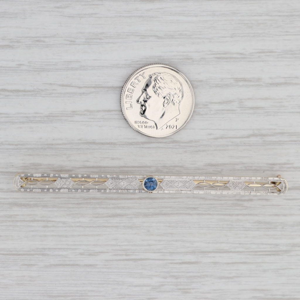 Gray Art Deco Lab Created Sapphire Filigree Pin 10k Gold Platinum Bar Brooch