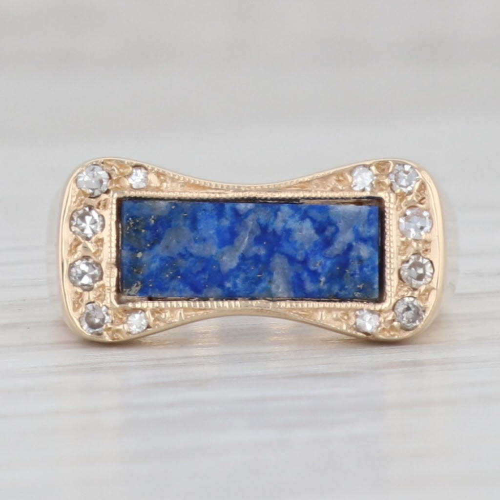 Light Gray Vintage Blue Lapis Lazuli Diamond Ring 14k Yellow Gold Size 4