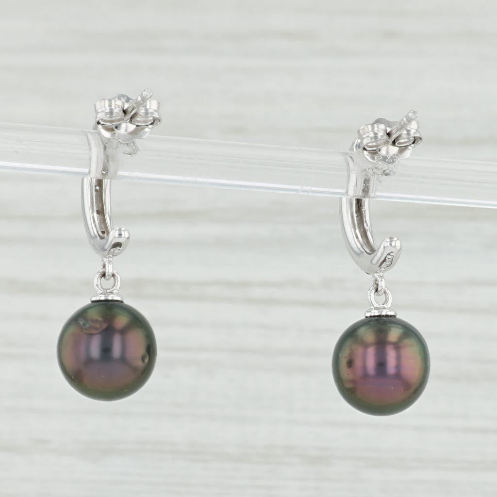 Light Gray Black Cultured Charms Pearl Diamond Half Hoop Earrings 18k White Gold