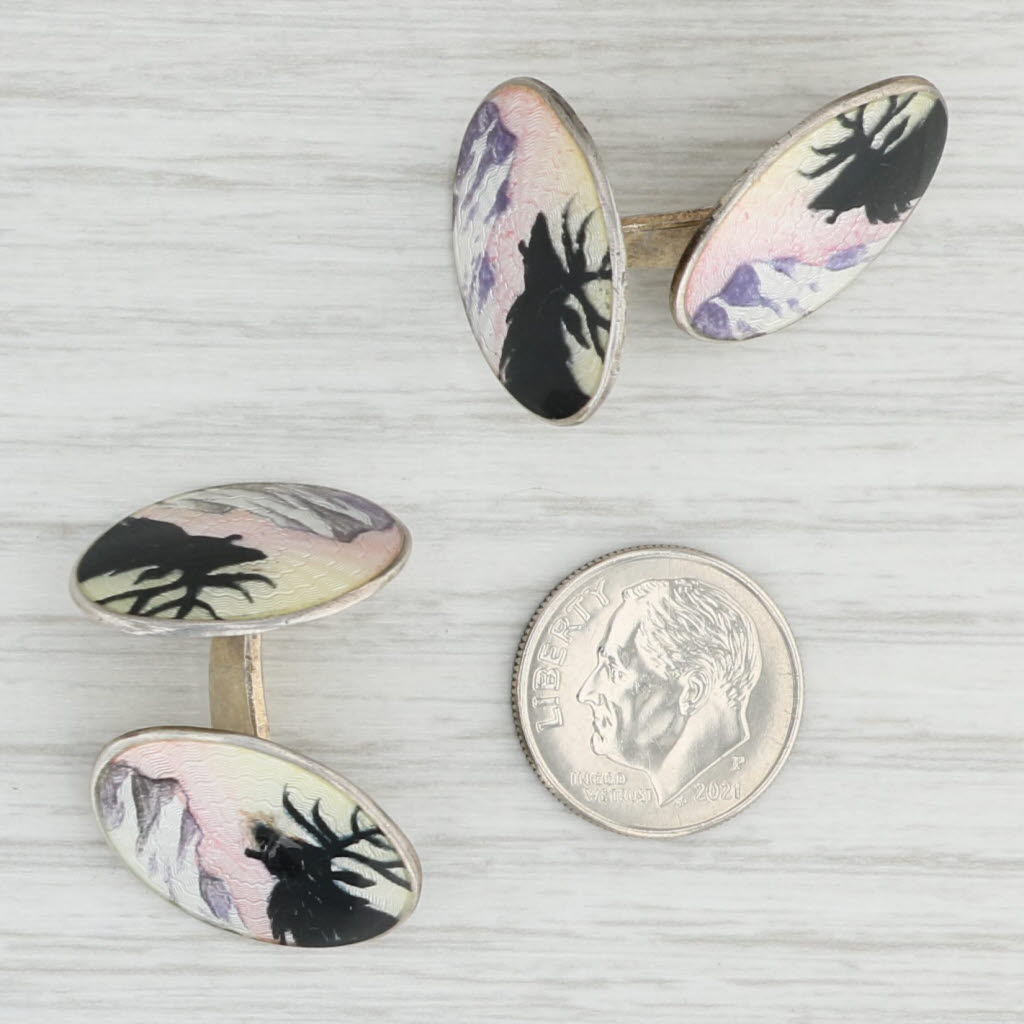 Light Gray Gustov Hellstrom Caribou Reindeer Cufflinks Silver 925S Guilloche Enamel Norway