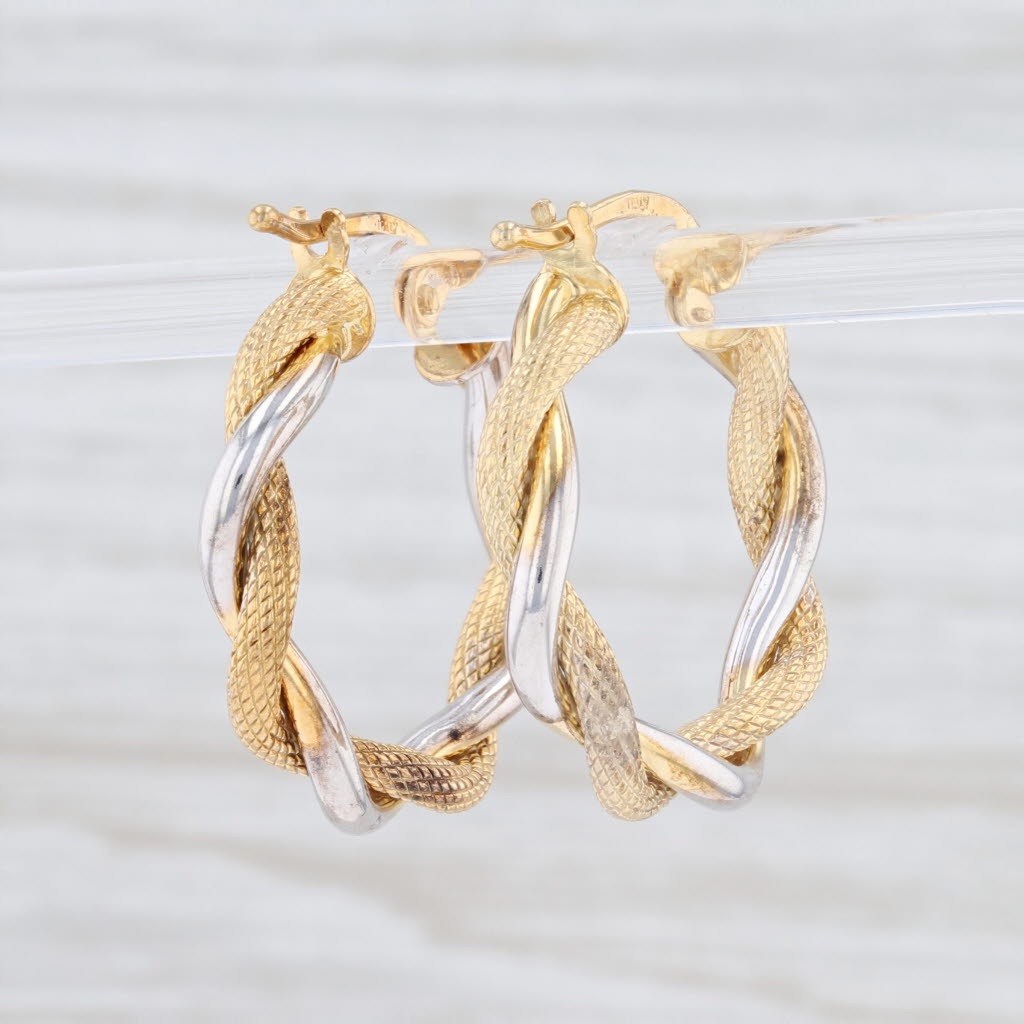 Light Gray New Woven Hoop Earrings Sterling Silver Gold Plating Snap Top Round Hoops