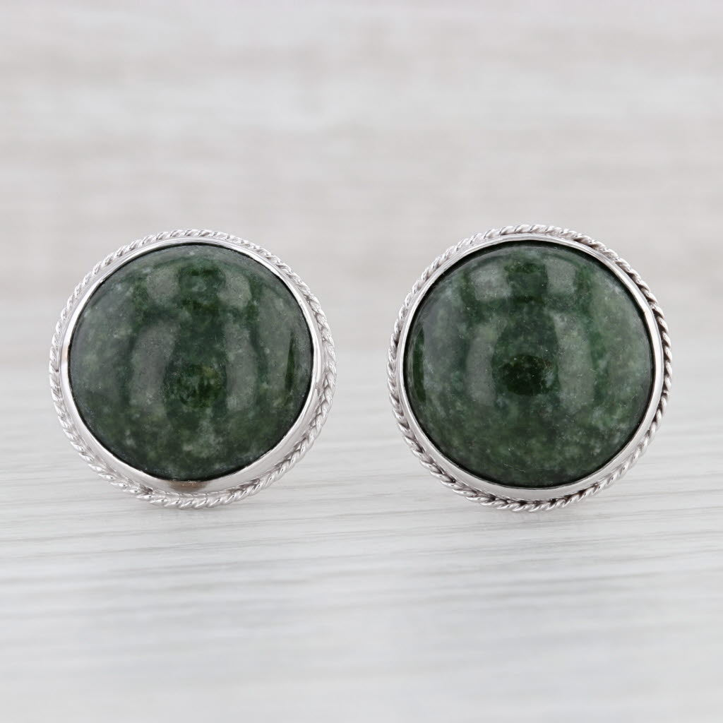 Light Gray Green Nephrite Jade Cufflinks 14k White Gold Suit Accessories Round Cabochon