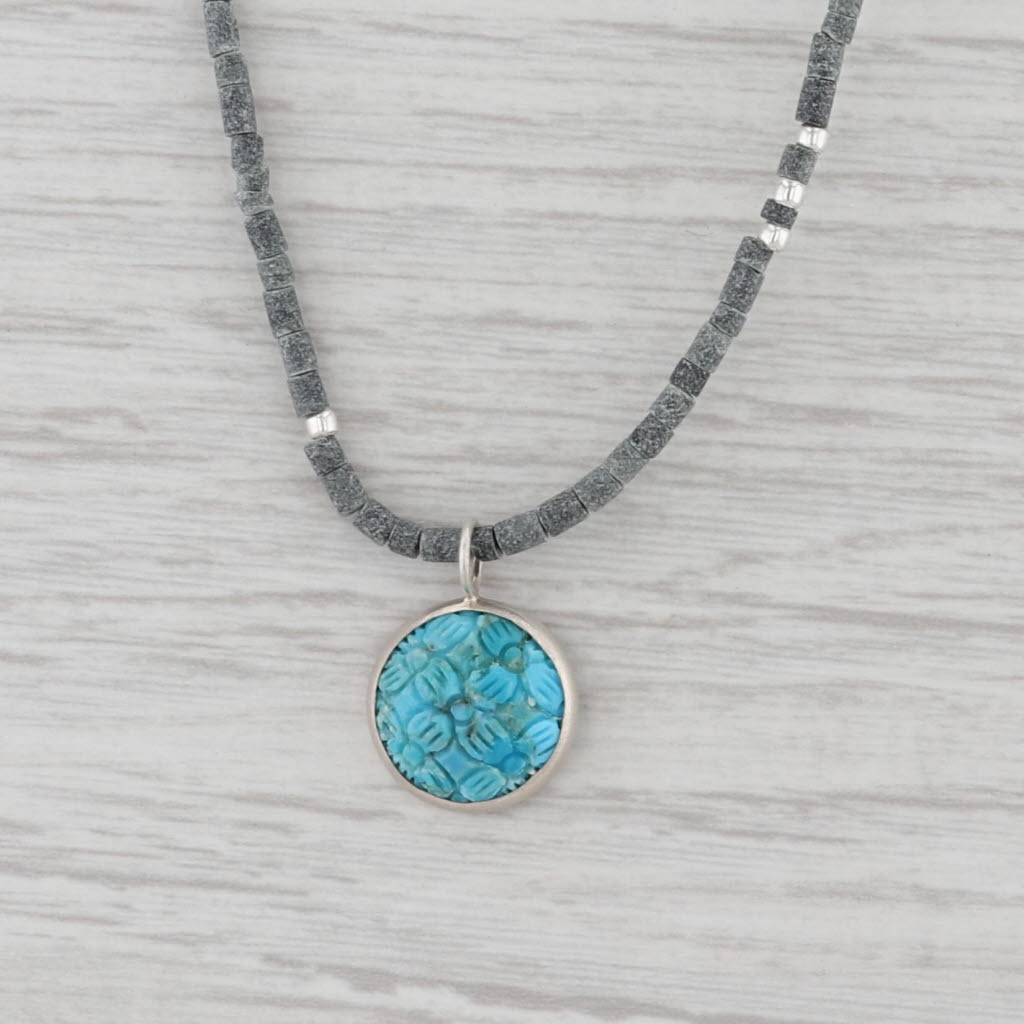 Gray New Nina Nguyen Carved Turquoise Flower Pendant Bead Necklace Sterling Silver