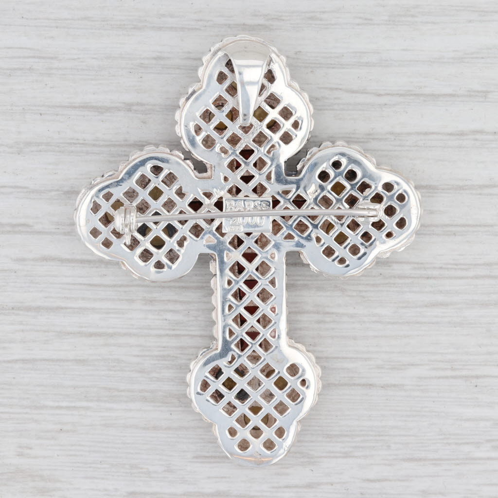 Light Gray 8.45ctw Gemstone Cross Pendant 925 Sterling Silver Citrine Garnet Brooch Barse