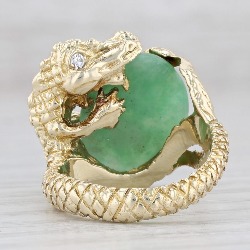 Light Gray Green Jadeite Jade Diamond Dragon Ring 14k Yellow Gold Size 6.5