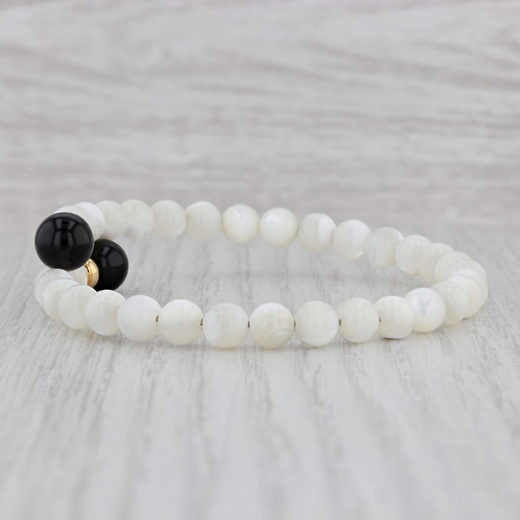 Gray Mother of Pearl Onyx Bead Adjustable Bangle Bracelet 14k Gold 6.25"+