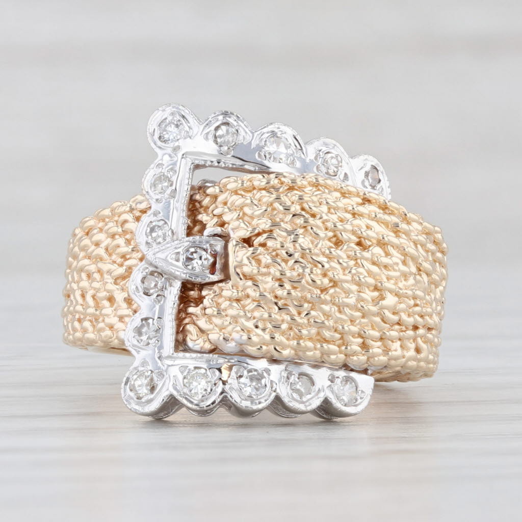 Light Gray 0.13ctw Diamond Belt Buckle Ring 14k White Yellow Gold Statement Size 7.75