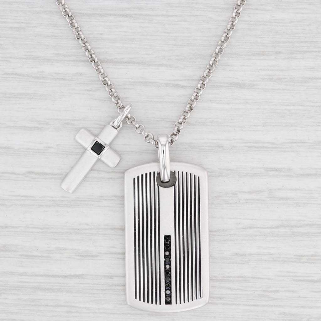 Light Gray New Cross Dog Tag Pendant Necklace Black Diamonds Sterling Silver 21.5"