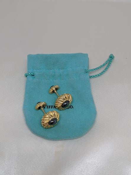 Dark Gray Tiffany & Co Schumberger Hematite Cufflinks w/ Pouch 18k Yellow Gold