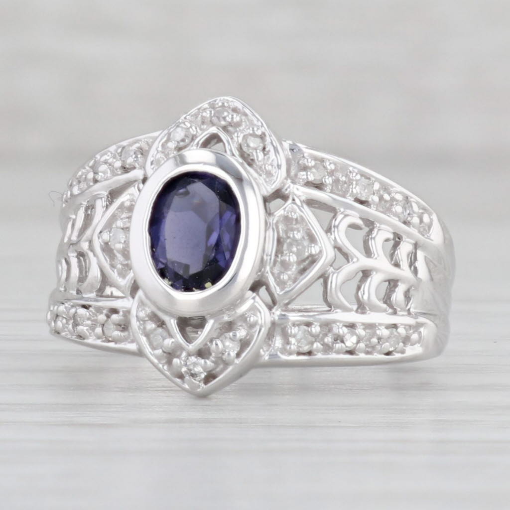 Light Gray 0.60ctw Oval Iolite Diamond Ring 10k White Gold Size 6.75-7
