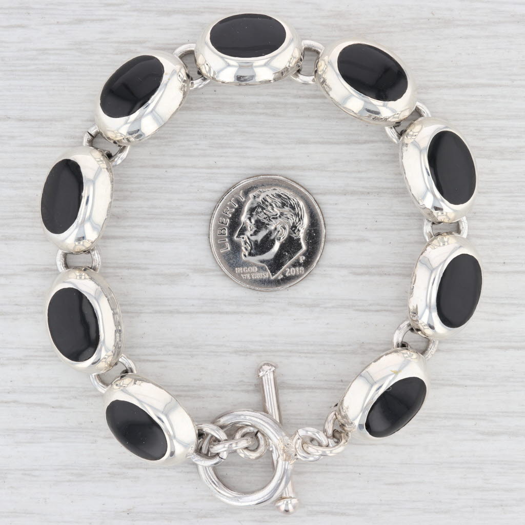 Light Gray New Black Resin Link Bracelet Sterling Silver 7.5” 12.3mm Toggle Clasp