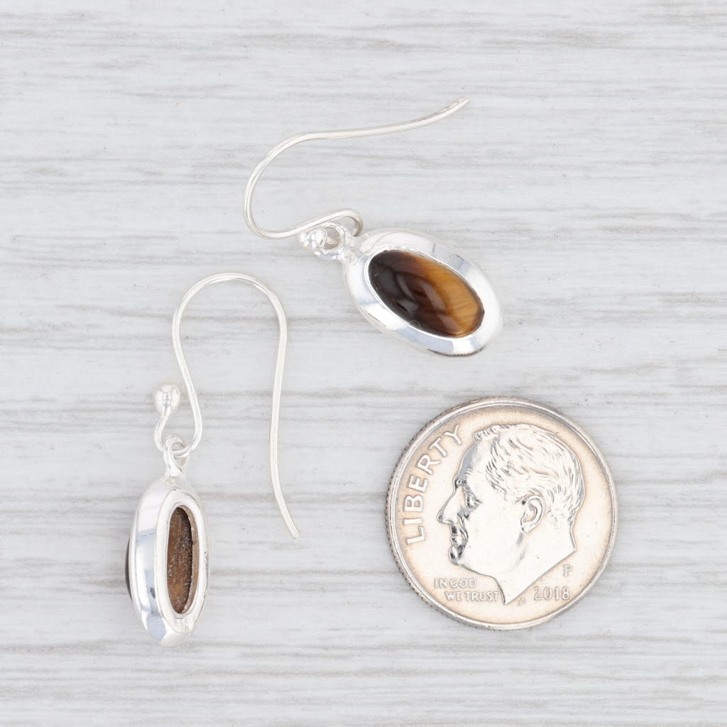 Light Gray New Brown Tiger's Eye Earrings Sterling Silver Hook Pierced Oval Solitaire Drop