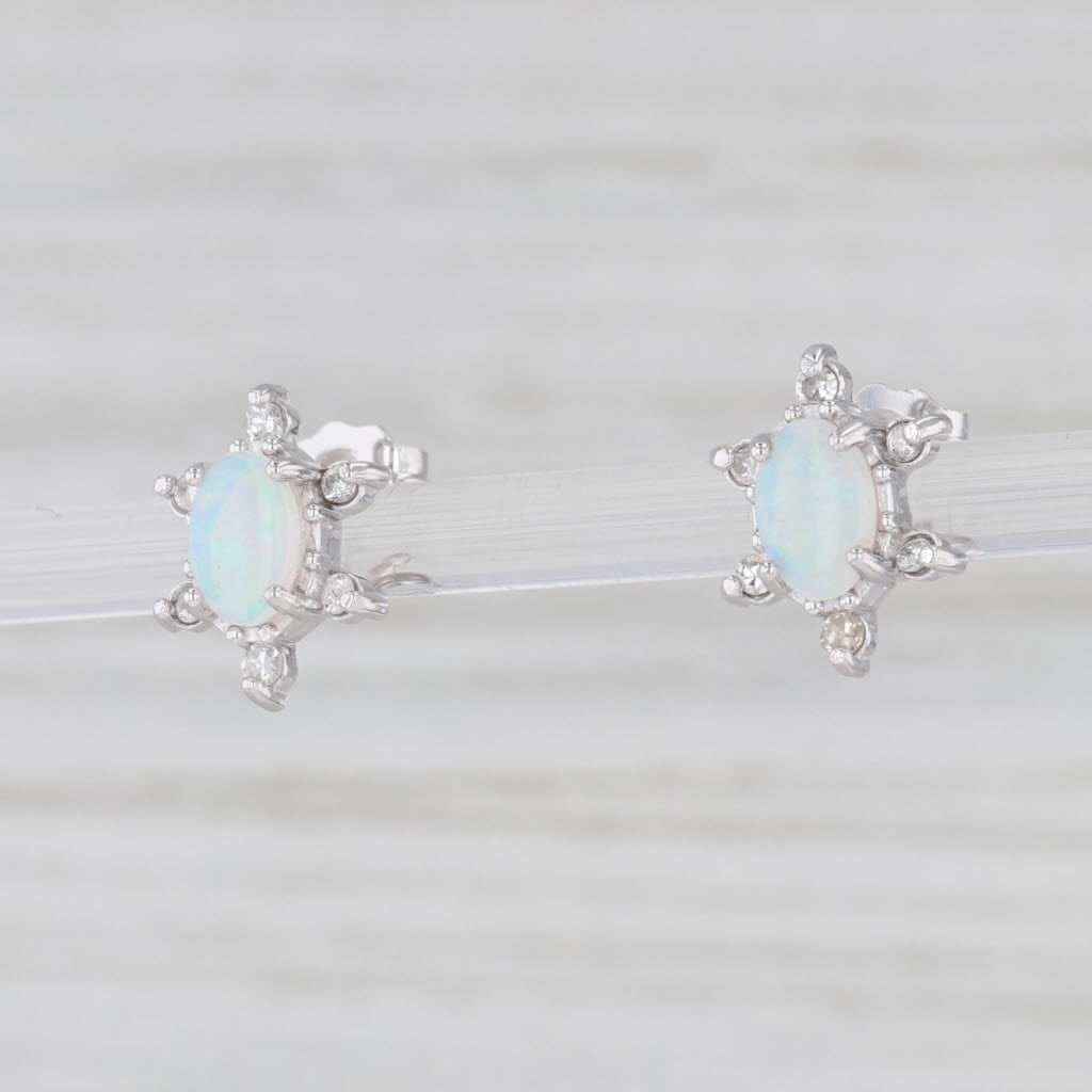 Light Gray Oval Opal Diamond Halo Stud Earrings 14k White Gold