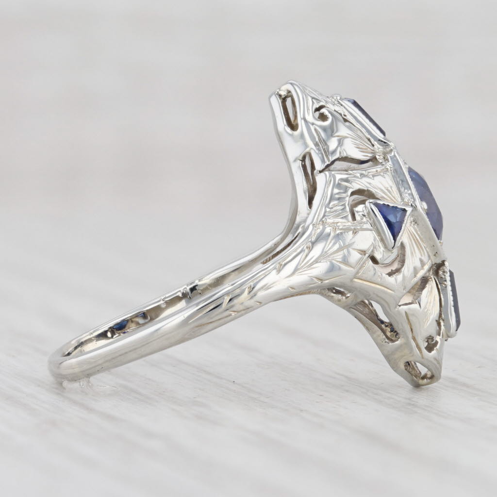 Light Gray Art Deco Synthetic Blue Sapphire Ring 18k White Gold Size 7 Vintage Floral