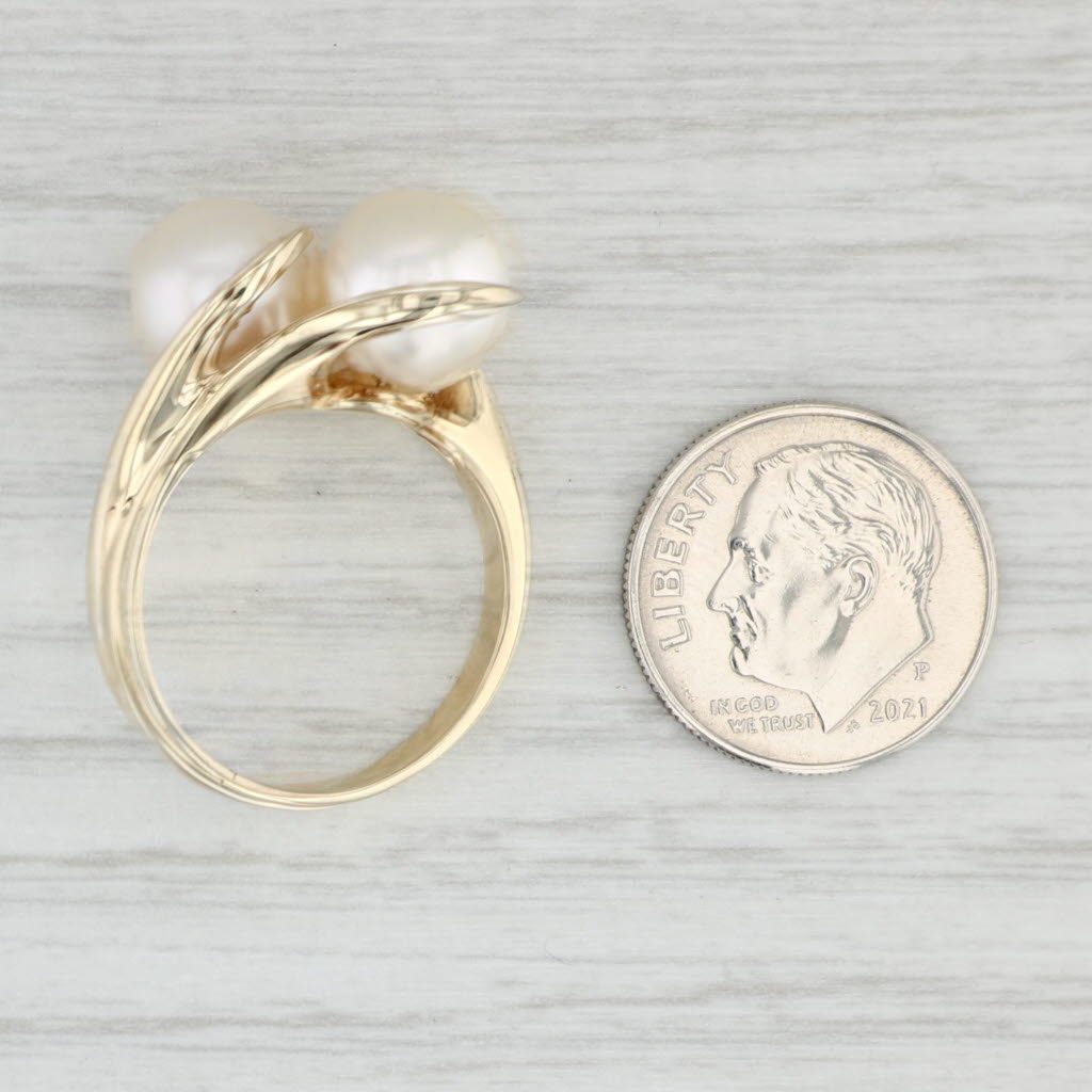 Light Gray Set of 2 Cultured Pearl Bypass Ring 14k Yellow Gold Size 8.5