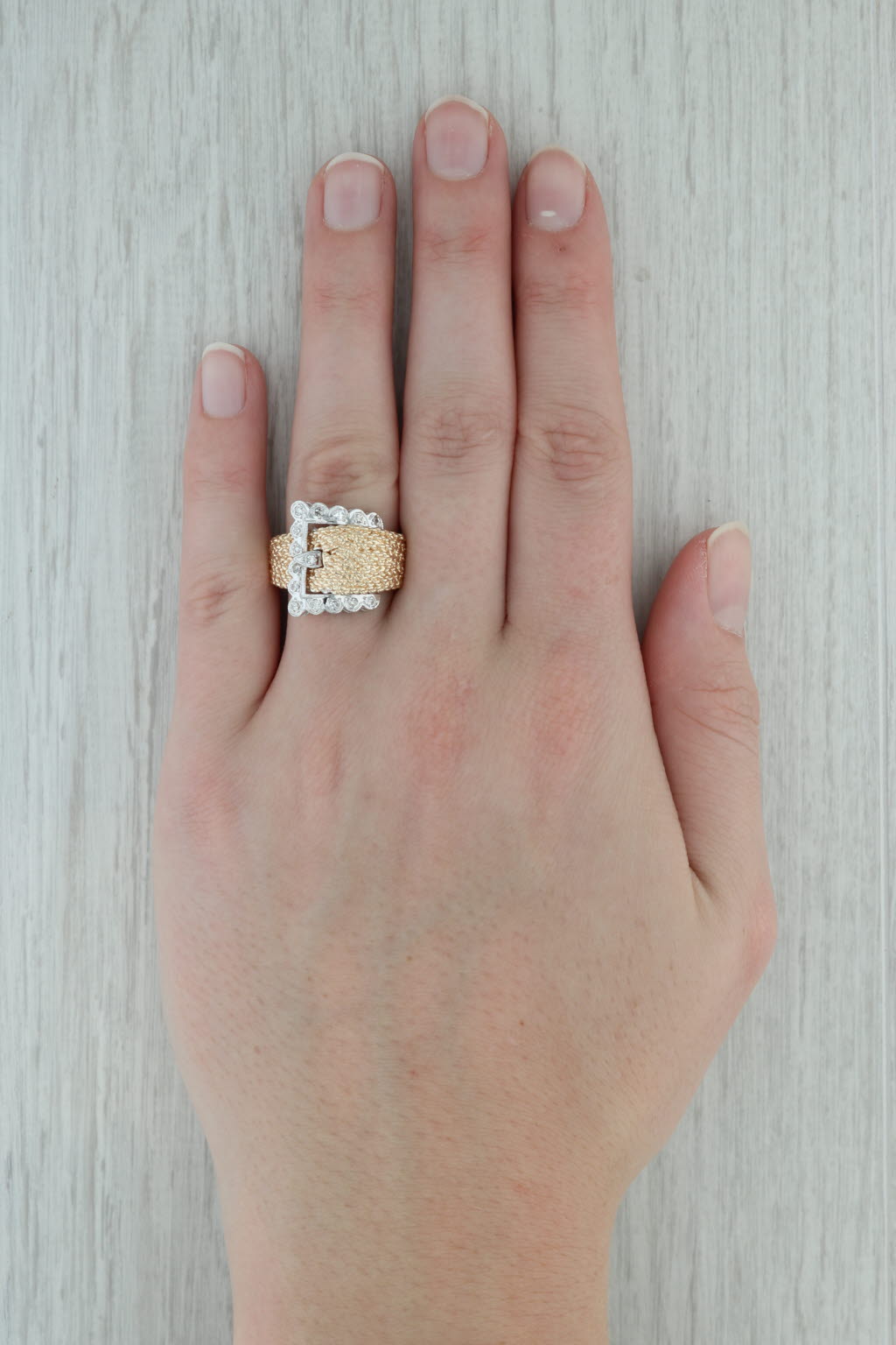 Dark Gray 0.13ctw Diamond Belt Buckle Ring 14k White Yellow Gold Statement Size 7.75