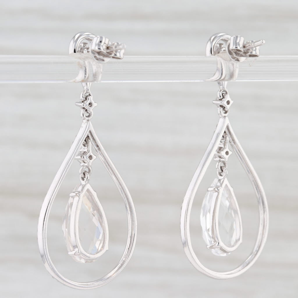 Light Gray New Quartz & Diamond Halo Teardrop Earrings 14k White Gold Pierced Dangles