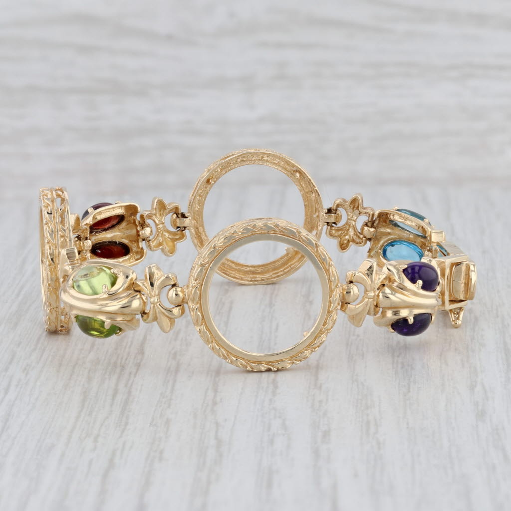 Gray Gemstone Coin Holder Bracelet 14k Yellow Gold Holds 1/10 American Gold Eagles