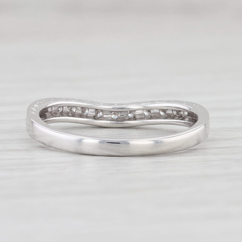 Light Gray Wheat Etched Diamond Wedding Band 14k White Gold Contoured Stackable Ring 7.25