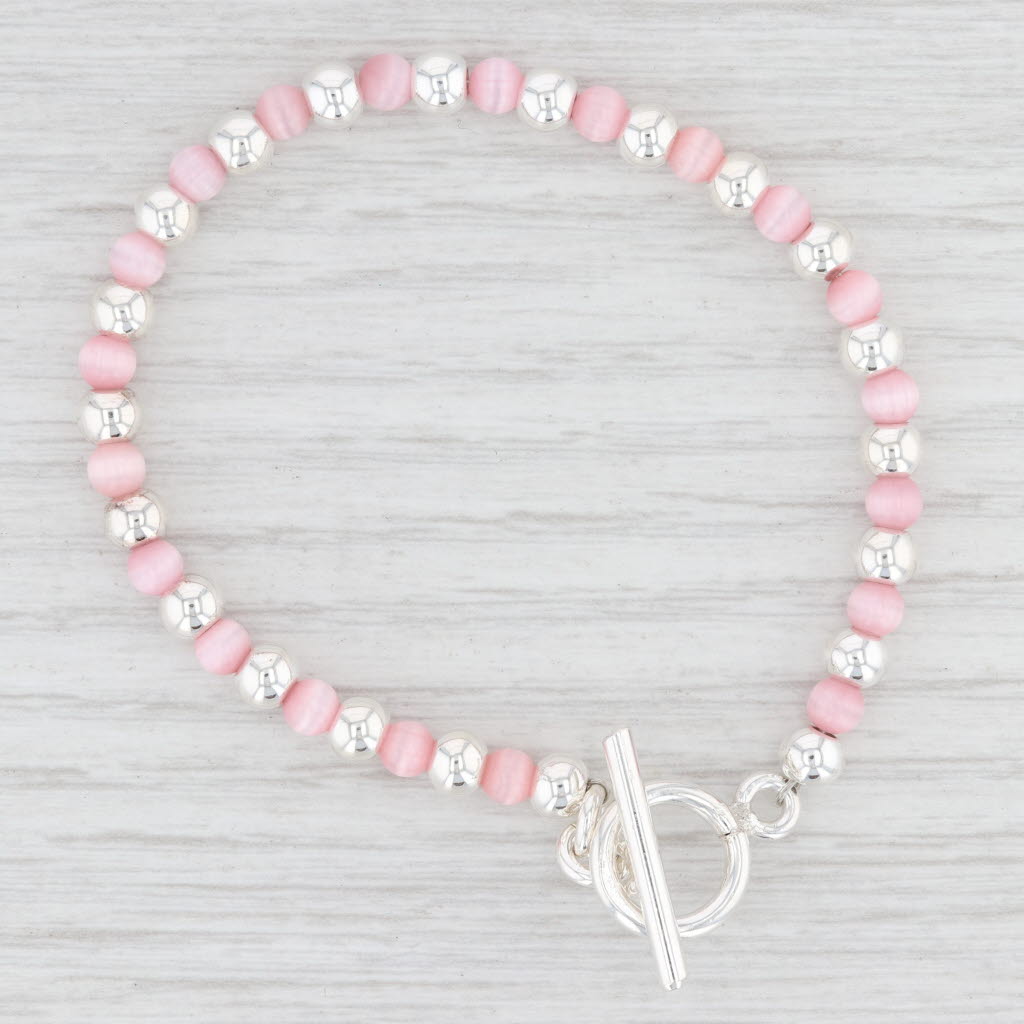Light Gray New Pink Glass Bead Bracelet Sterling Silver Chain 6” 5mm Toggle Clasp