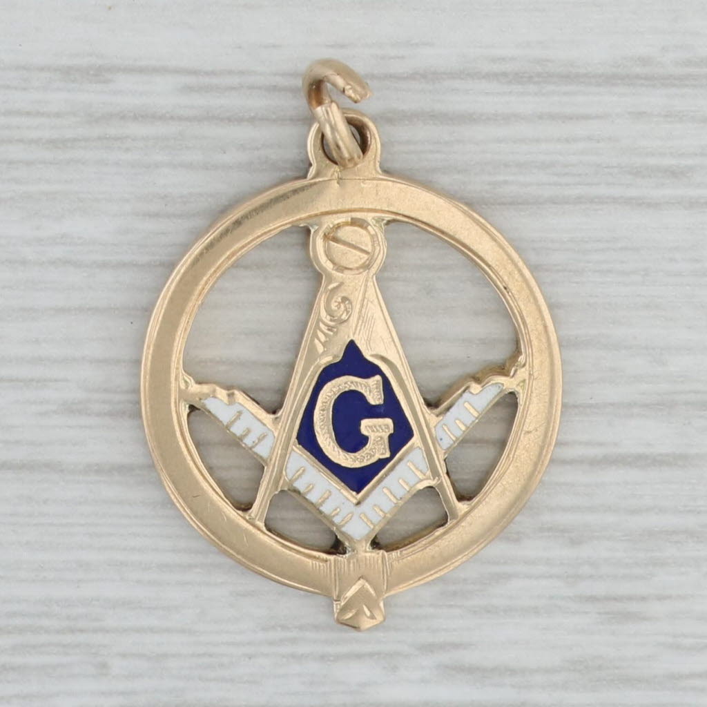 Gray Antique Masonic Blue Lodge Square Compass Pendant 14k Yellow Gold Enamel Charm