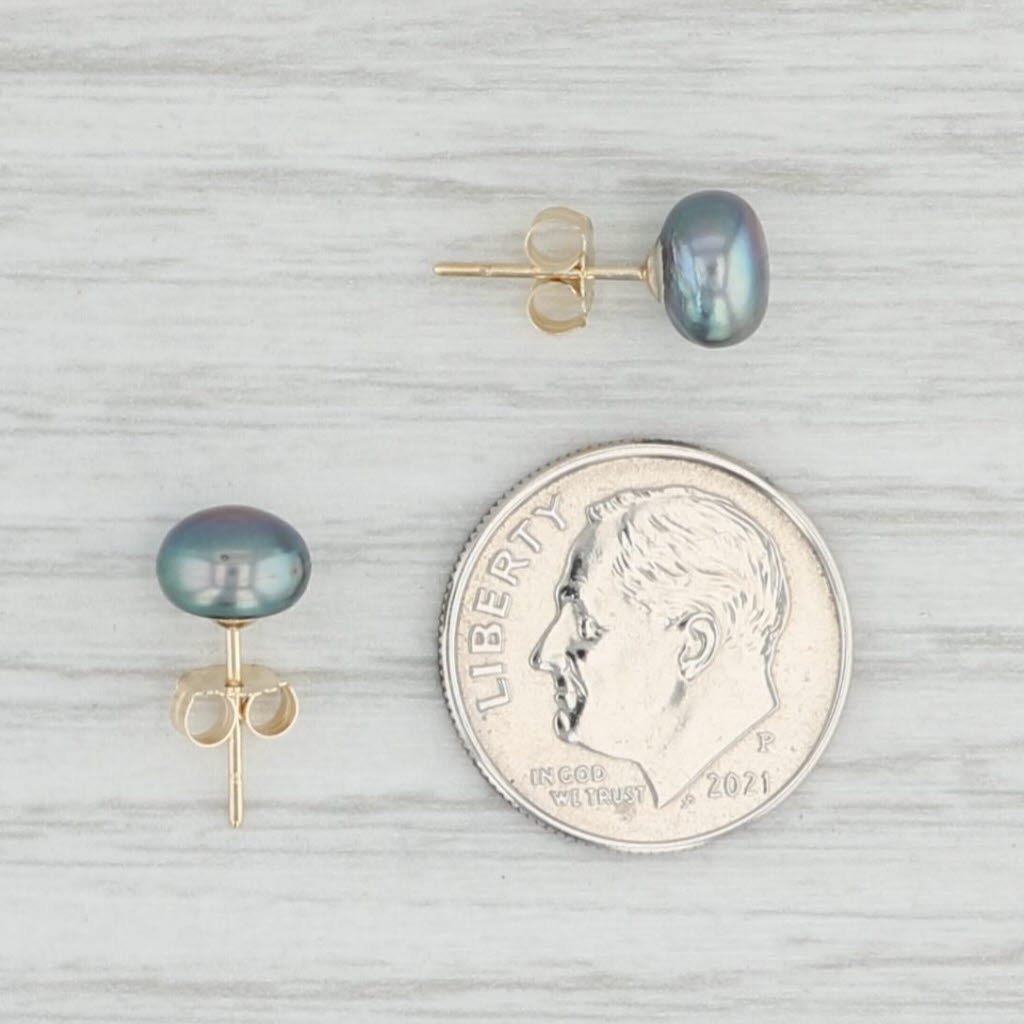 Light Gray Cultured Black Pearl Stud Earrings 14k Yellow Gold Pierced Studs