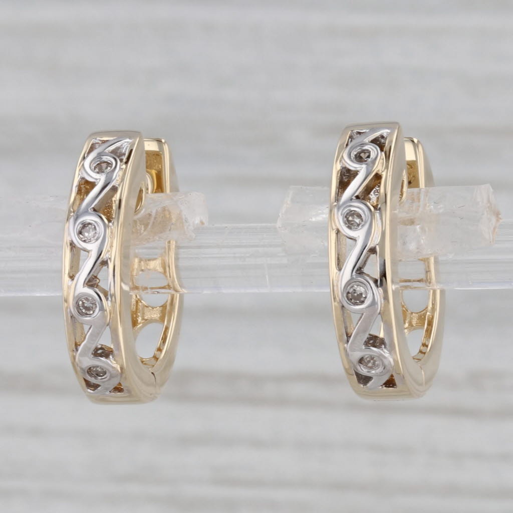 Gray Diamond Accented Hoop Huggie Earrings 14k Yellow Gold Pierced Round Hoops