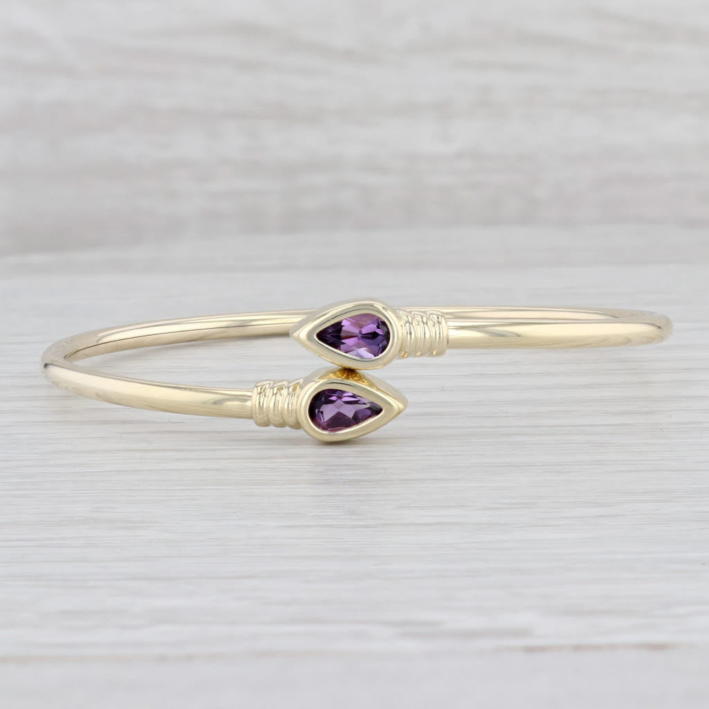 Light Gray 1.10ctw Pear Amethyst Bypass Bangle Bracelet 14k Yellow Gold 6.75"