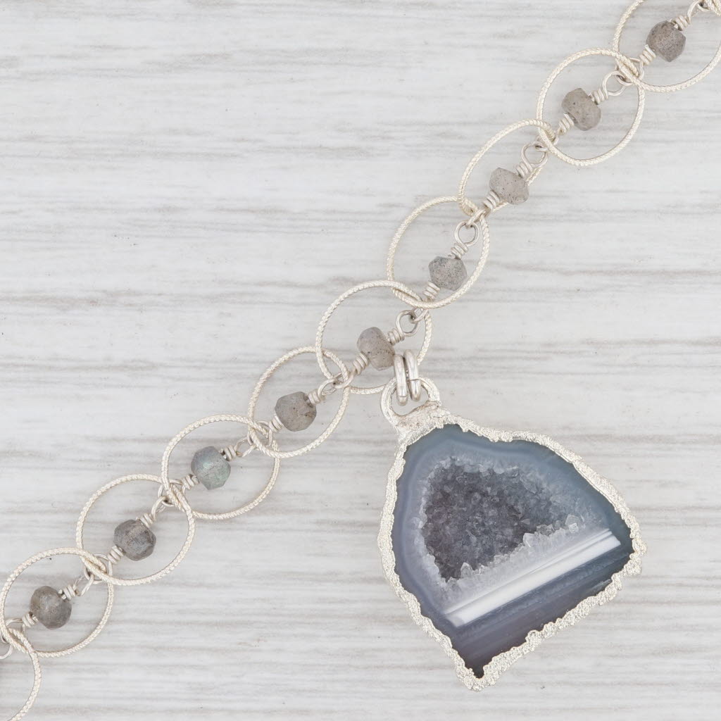 Light Gray New Nina Nguyen Geode Labradorite Charm Bracelet Sterling Silver 7" Cable Chain