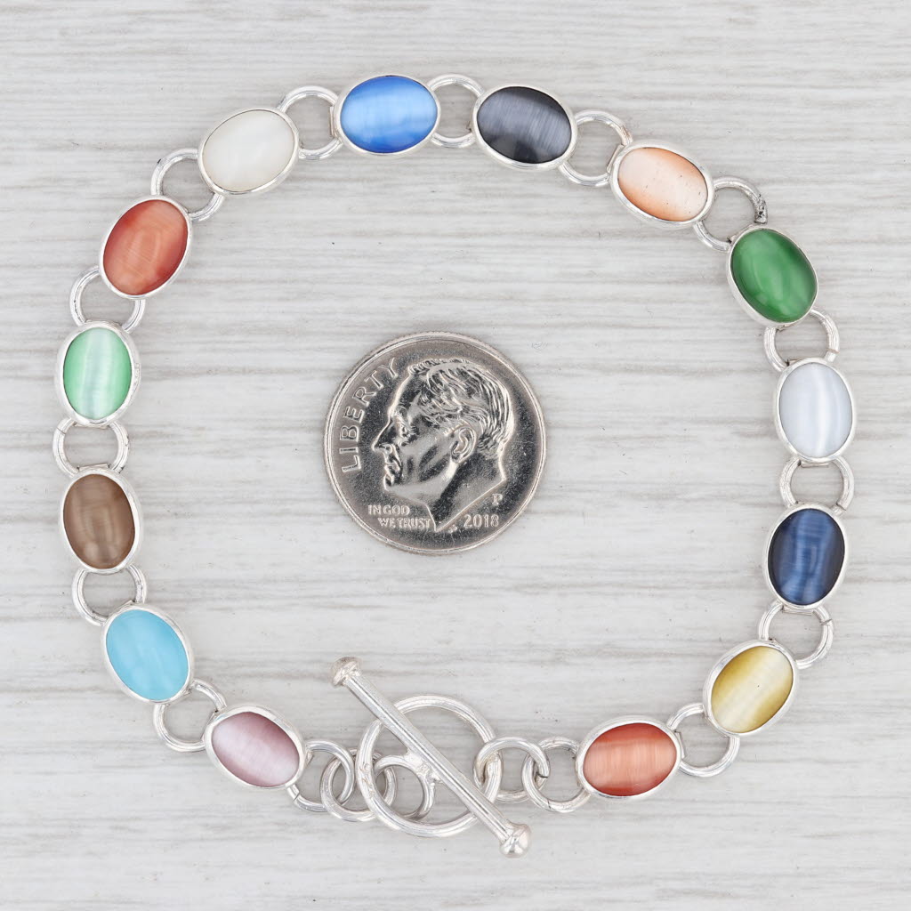 Light Gray New Multi Color Glass Link Bracelet Sterling Silver 7.25” Chain Toggle Clasp