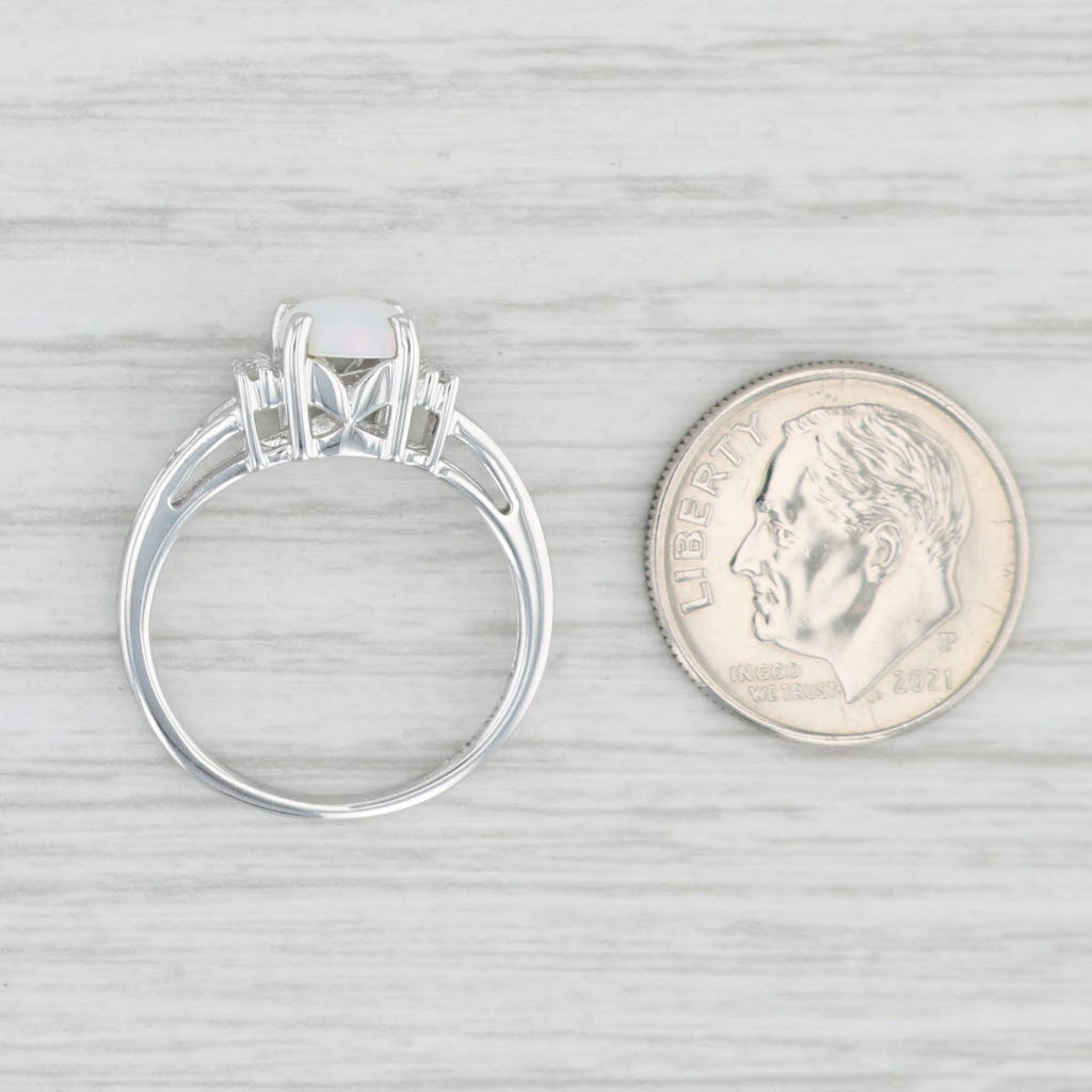 Light Gray Lab Created Opal Diamond Ring 14k White Gold Size 6 Cushion Cabochon