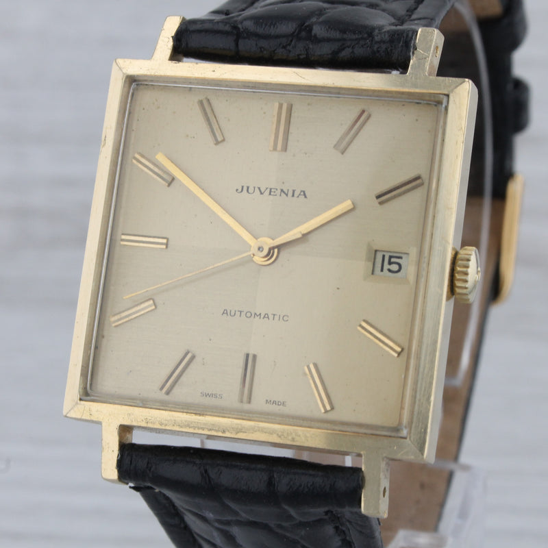 Dark Gray Vintage Juvenia 18k Solid Yellow Gold Mens Automatic Square Watch Quadrant Dial