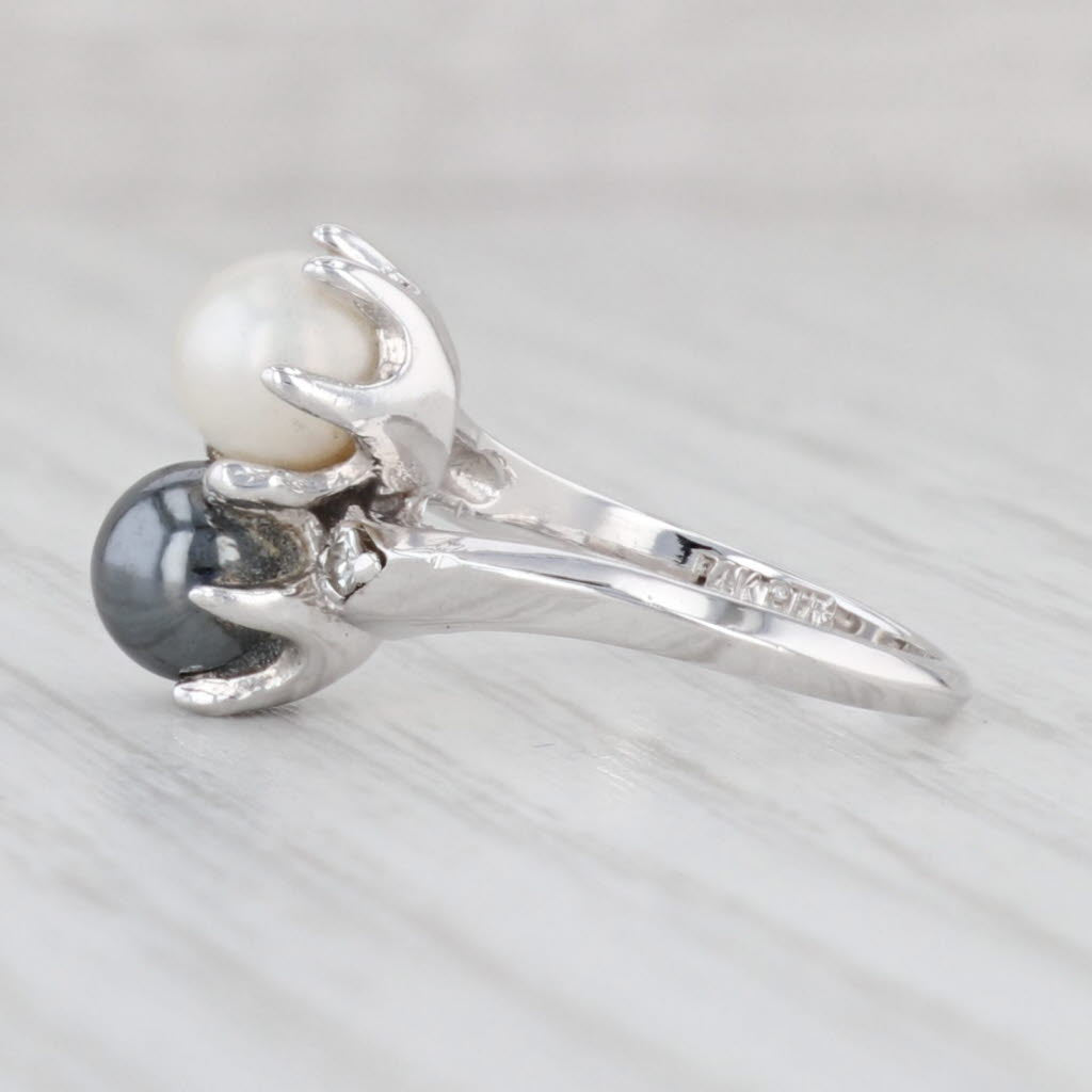 Light Gray Cultured Pearl Hematite Bypass Ring 14k White Gold Diamond Accents Size 3.5