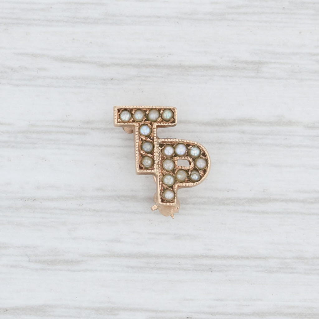 Light Gray Tau Rho Chapter Guard Pin 10k Gold Pearls Fraternity Sorority Greek Letters