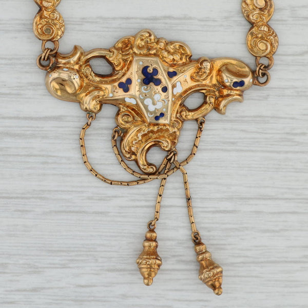 Gray Ornate Antique 1800s Necklace Earrings Set 14k Gold Floral Enamel 16" Lavalier