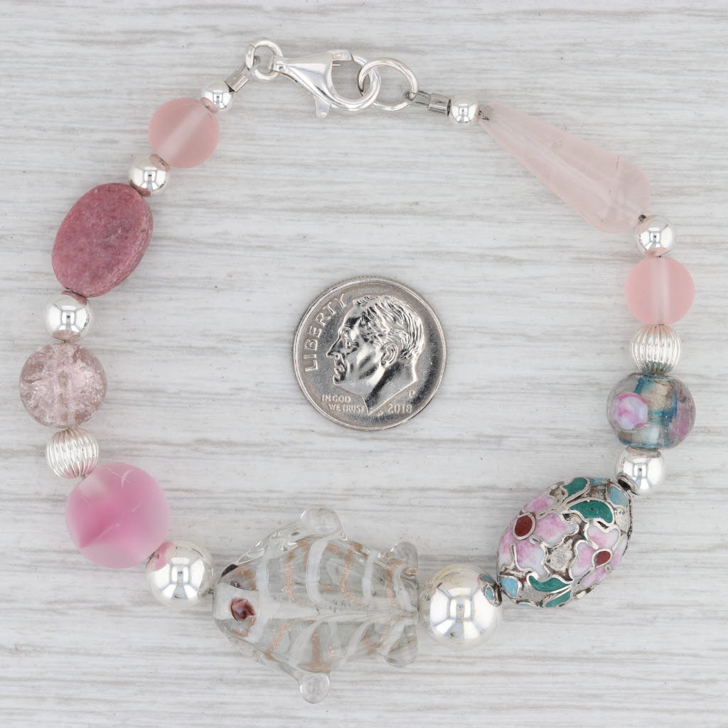 Light Gray New Bead Statement Bracelet Sterling Silver 8" Floral Glass Fish Rose Quartz