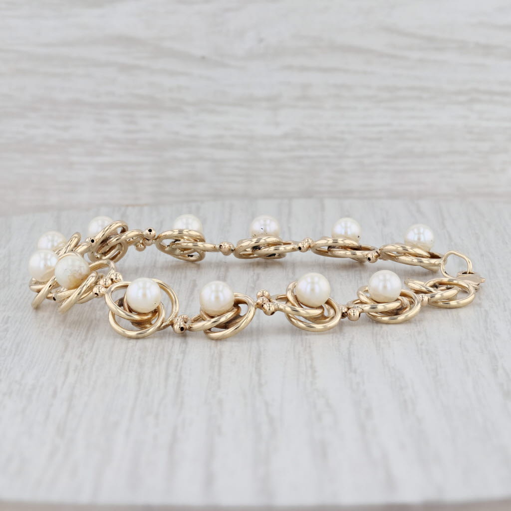 Light Gray Cultured Pearl Knot Links Bracelet 14k Yellow Gold 7.5" 11.7mm