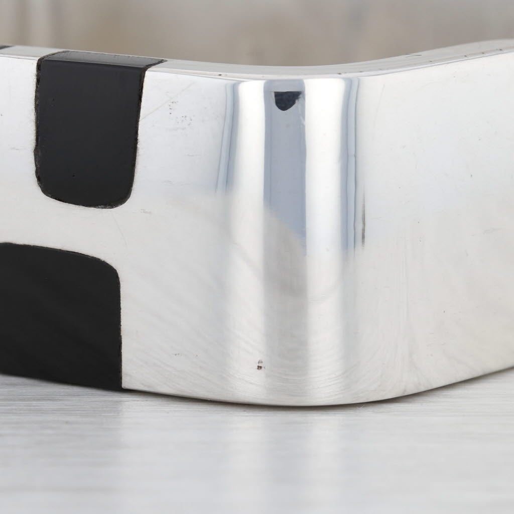 Light Gray Black Obsidian Volcanic Glass Mosaic Bangle Bracelet Sterling Silver 7.5” Taxco