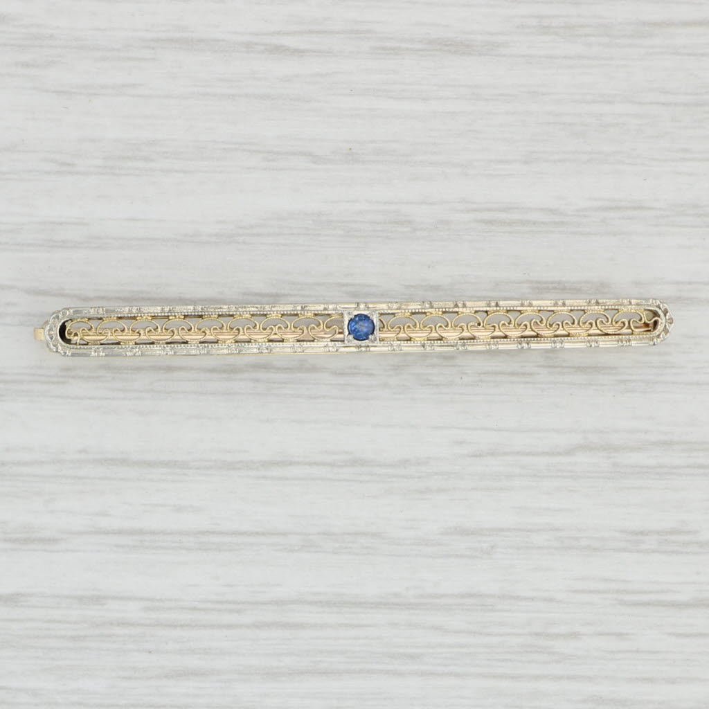 Light Gray Lab Created Sapphire Bar Pin Brooch 10k 14k Gold Platinum Vintage Filigree