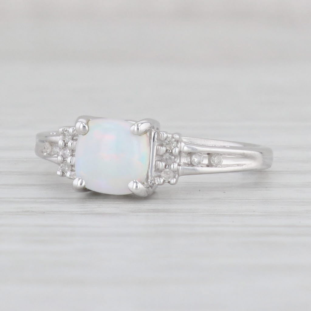 Light Gray Lab Created Opal Diamond Ring 14k White Gold Size 6 Cushion Cabochon