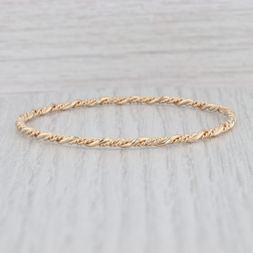 Light Gray Woven Bangle Bracelet 14k Yellow Gold 7.5" 3mm Stackable