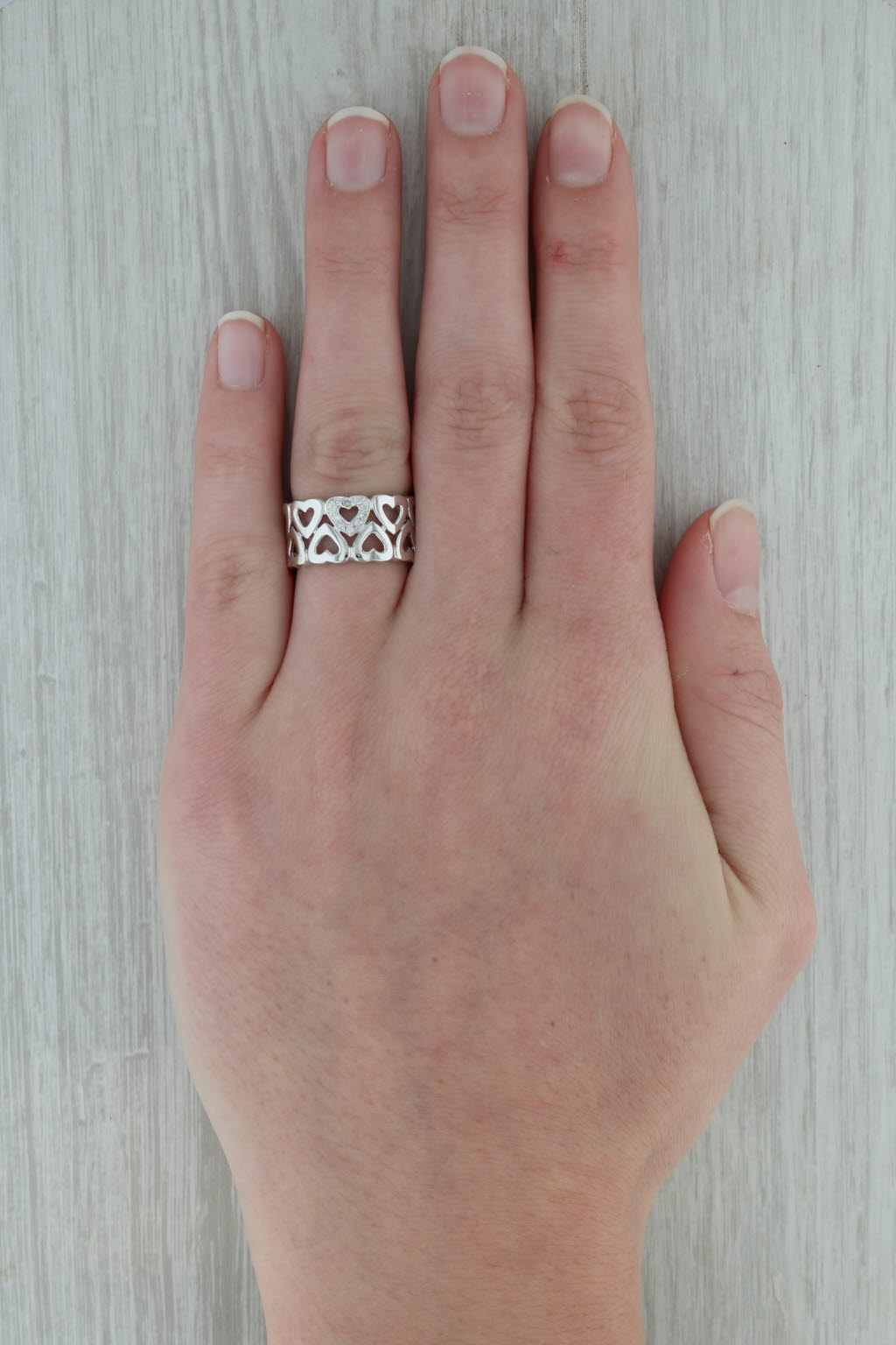 Rosy Brown Diamond Accented Hearts Band 14k White Gold Size 6.25 Statement Ring