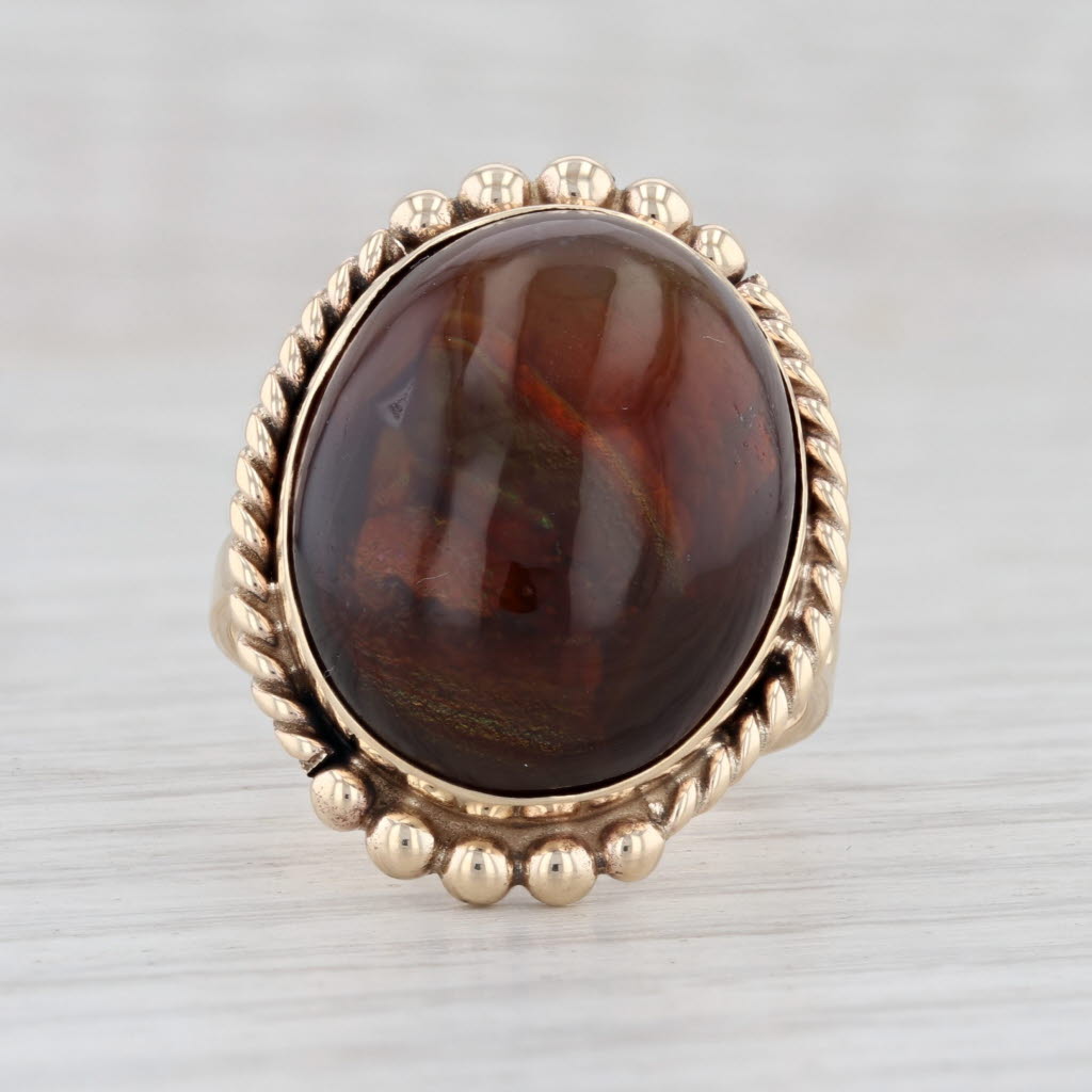 Light Gray Fire Agate Ring 14k Yellow Gold Size 8 Oval Cabochon Solitaire Cocktail